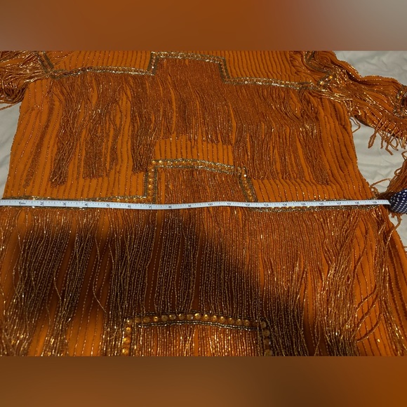 Size 14 ASOS DESIGN embellished shift mini dress with beaded fringe in orange - Picture 6 of 7